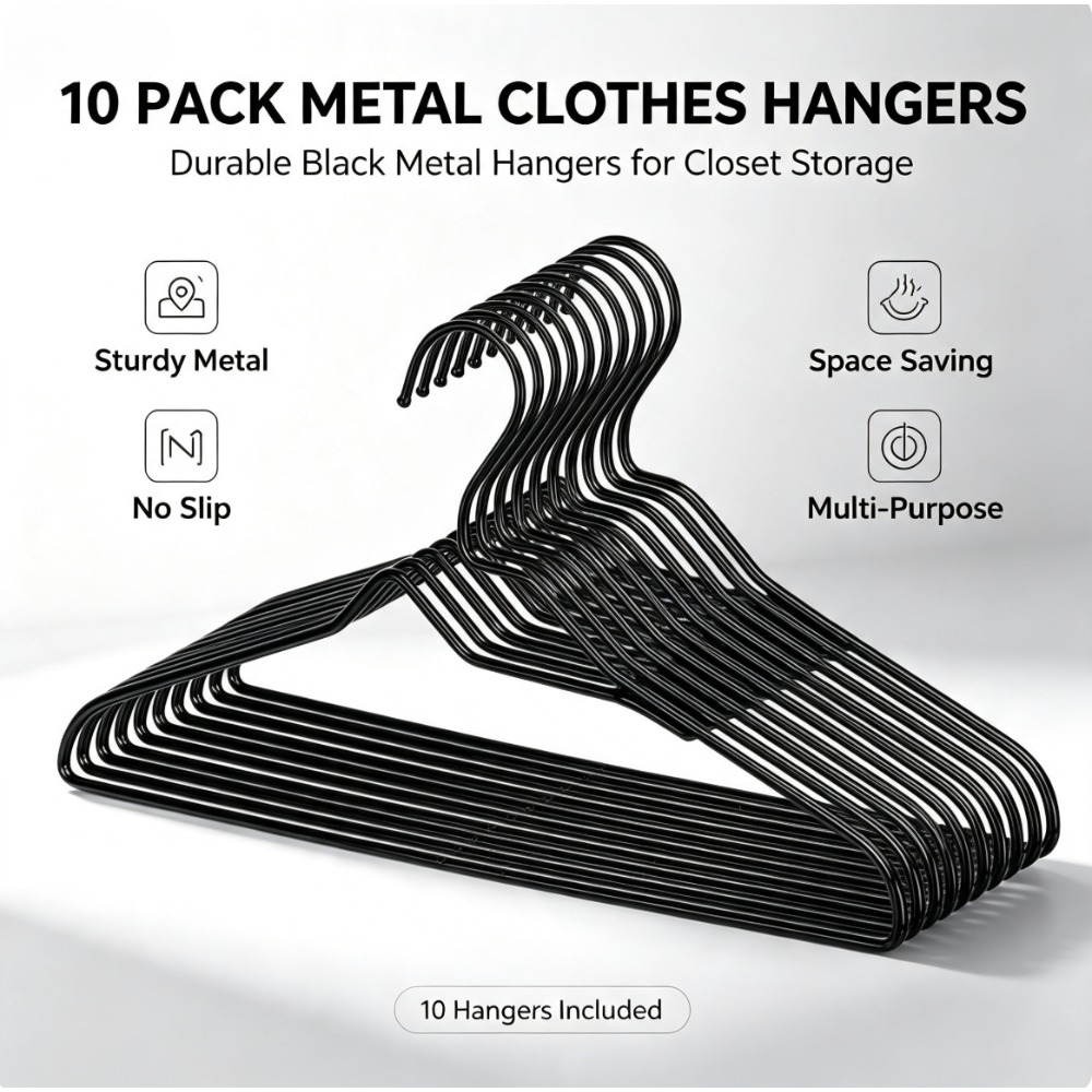 Locker Storage Metal - 10‑Count Black Non‑Slip Clothing Hangers, Chrome